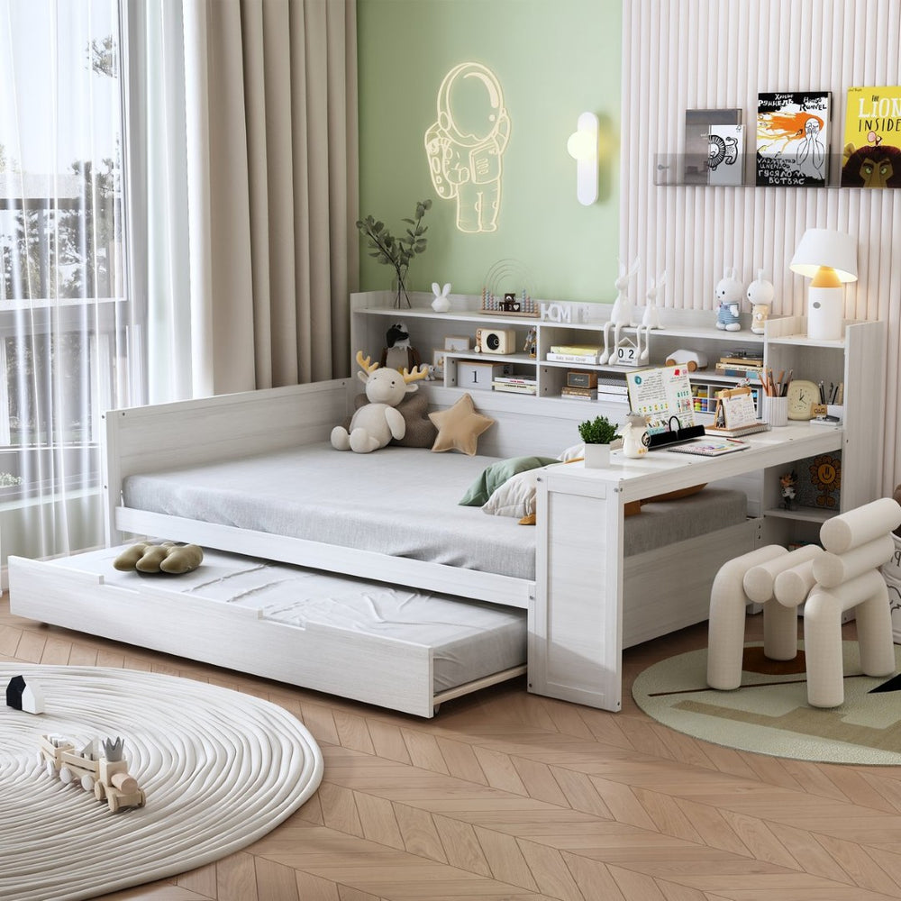 English Elm Wooden Twin Daybed with Trundle Built-in Desk and Open Shelves for Kids Rooms Antique White N733S373391K