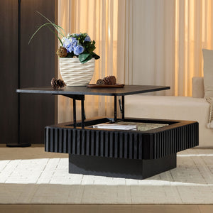 English Elm 35.43 Inch Square Lift Top Coffee Table Wood Veneer Hidden Storage Modern Living Room Black W2582P401472