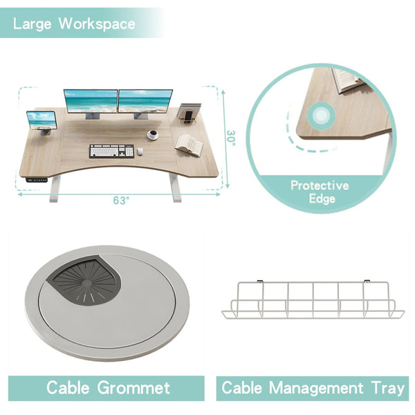 English Elm 63"×30" Curved Dual Motor Standing Desk with Memory Presets for Home Office W614P431995