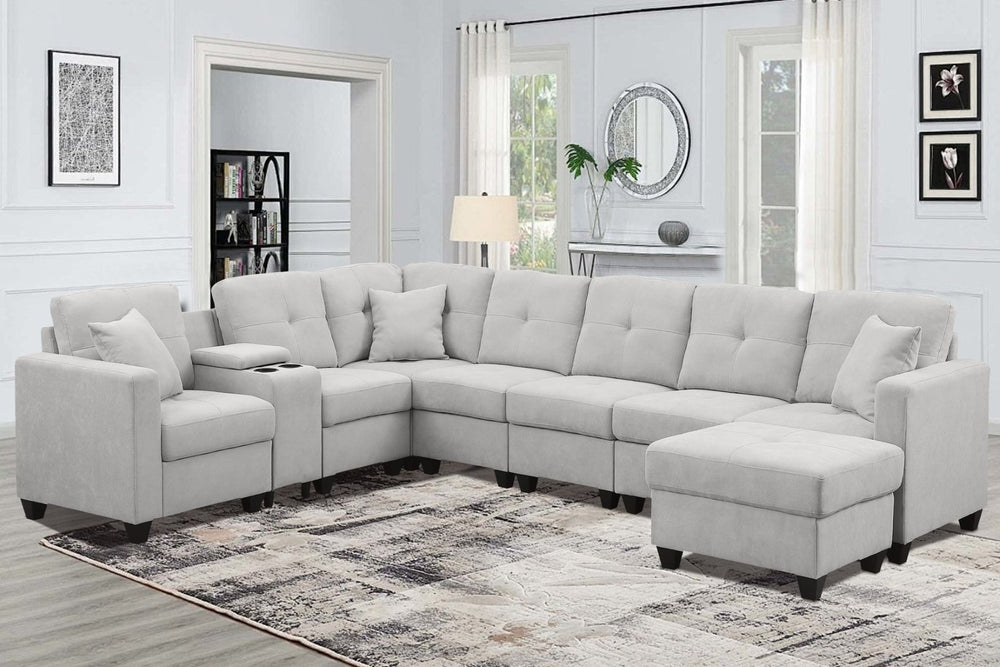 English Elm Sectional Sofa - Luxurious Light Gray Microfiber With Supportive Cushions & Integrated Cup Holders B205S00080-GIGA