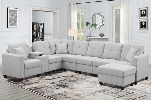 English Elm Sectional Sofa - Luxurious Light Gray Microfiber With Supportive Cushions & Integrated Cup Holders B205S00080-GIGA