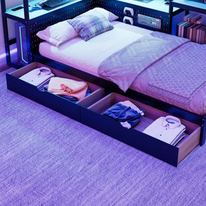 English Elm Twin Gaming Daybed with Led Strips Desk Pegboard Bookcase and Three Storage Drawers Black+Blue N820S00083C