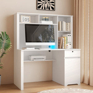 English Elm Computer Desk Modern Home Office with Hutch & Bookshelf, Spacious MDF Surface, Drawers, 3 AC/2 USB Ports, White, Compact Storage Solution W1321S00001