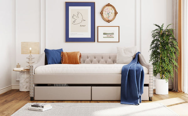 English Elm Upholstered Full Daybed with Linen Tufted Back Rivet Arms and Two Storage Drawers LP002111AAA