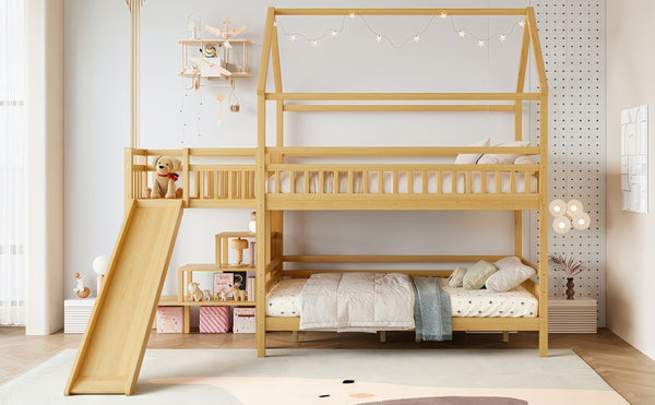 English Elm Full Bunk Bed with Trundle Bookshelf Storage Pine Frame Car Design for Kids Natural W1580S00303