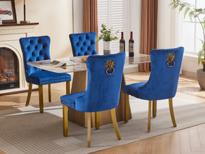 English Elm Mid-Century Velvet Dining Chair with Lion Head Pull Ring, Tufted Solid Wood Seat, Gold Legs Blue W1143P193169