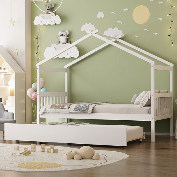 English Elm Twin House Bed Solid Pine Cottage Frame with Pull Out Trundle for Kids Bedroom White N708P309238K