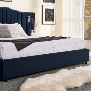 English Elm Queen Velvet Platform Bed with Tufted Headboard Integrated Nightstands and Striped Design Dark Blue W487S00442