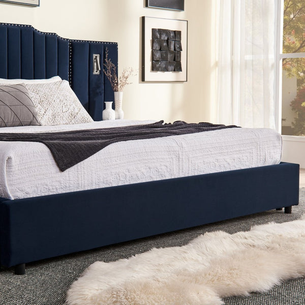 English Elm Queen Velvet Platform Bed with Tufted Headboard Integrated Nightstands and Striped Design Dark Blue W487S00442