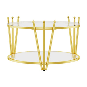 English Elm 31.5inch Modern Luxury Gold Coffee Table with Two-Tier Storage, Tempered Glass Top, Elegant Crown Design Clear W1550P171448