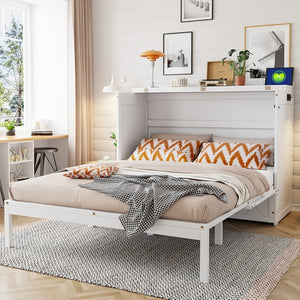 English Elm Queen Murphy Wall Bed Cabinet with Storage Drawer Built-in Power Outlets Usb Ports White LP000400AAK-1