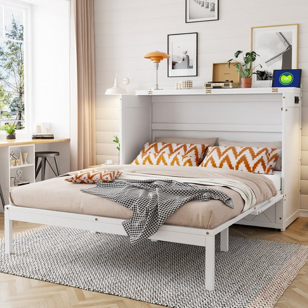 English Elm Queen Murphy Wall Bed Cabinet with Storage Drawer Built-in Power Outlets Usb Ports White LP000400AAK-1
