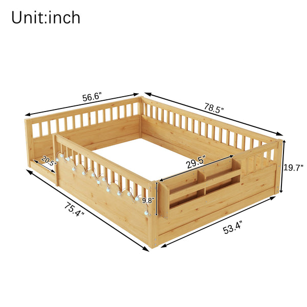 English Elm Full Montessori floor bed offering high rails, built-in light and shelf for safe independent sleep and storage Natural 79.13 L x 13 W x 6.3 H W2593P333587
