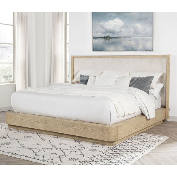 English Elm Kimpton Queen Platform Bed Tall Wingback Headboard Beige Upholstered Oak Veneer Frame B062S01739