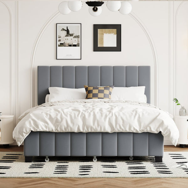 English Elm Queen Tufted Velvet Platform Bed with Storage Drawers and Pull Out Trundle Gray LP000714AAE-1