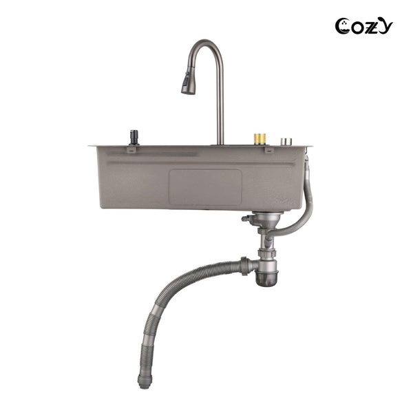 English Elm Waterfall Pull-out Faucet Workstation Sink Matte Black 304 Stainless Steel Prep Basin T3177P286040