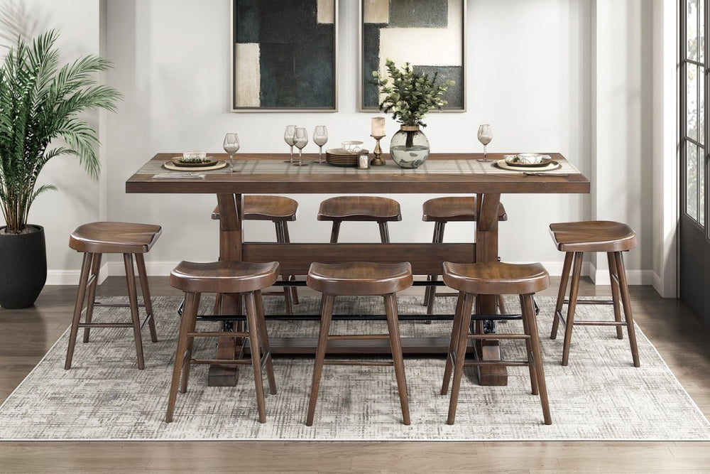 English Elm Brown Acacia Wood Counter Height Dining Set Seats Eight with Industrial Metal Footrest B011S02273