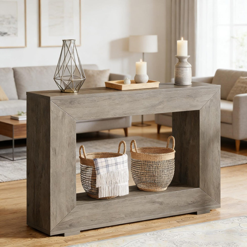 English Elm Entryway Console Table with Sculptural Stacked Wood Panels and Open Arc Base T3971P451473