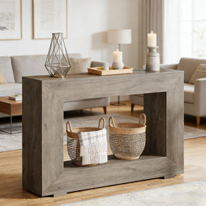 English Elm Entryway Console Table with Sculptural Stacked Wood Panels and Open Arc Base T3971P451473