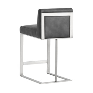 Sunpan Dean Bar Stool with Exposed Brass Frame and Luxurious Bonded Leather for Stylish Spaces Stainless Steel / Cantina Magnetite