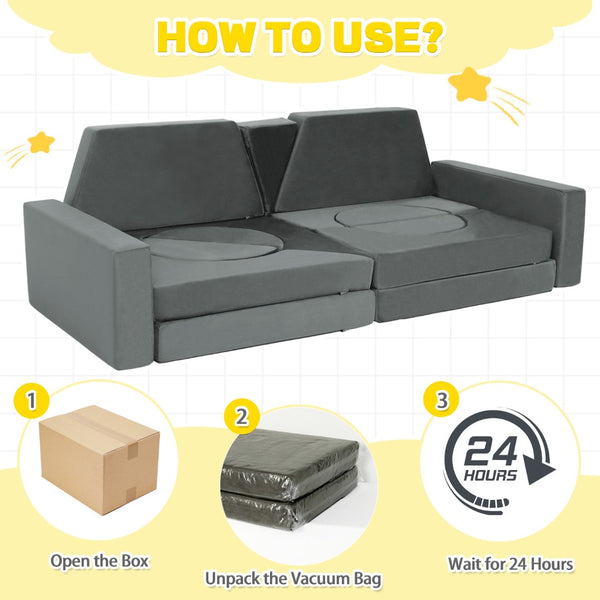 English Elm 14pcs Modular Foam Play Couch Set Convertible Toddler Fort Builder for Playrooms Light Gray T5880P493447