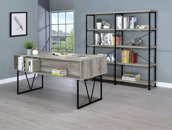 English Elm 1pc Rustic Industrial 63-inch 4-Drawer Writing Desk with Open Shelf, Wood Grain Top and Black Metal Legs Driftwood,Gray 74.21 L x 32.28 W x 6.5 H B011P362070