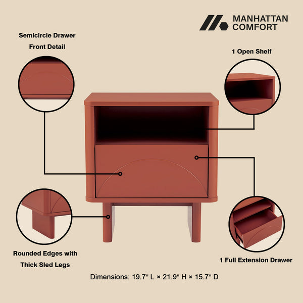 English Elm Ella Modern 20" Nightstand with Sled Legs, Open Shelf & Handle-Free Drawer — Sleek Safe Design Terracotta B365P398147