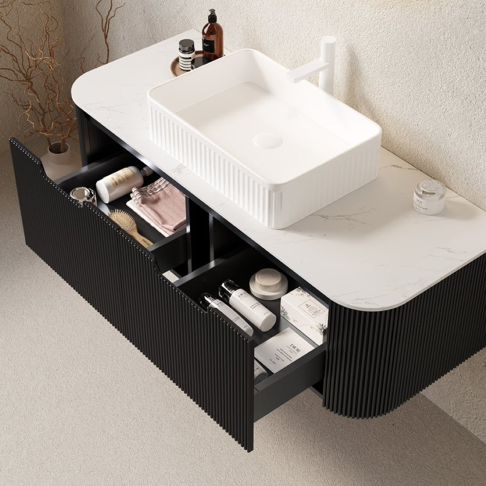 English Elm Dina Floating Bathroom Vanity with Crystal Glass Basin and Sintered Stone Top Black,Carrara White,White W2615S00170