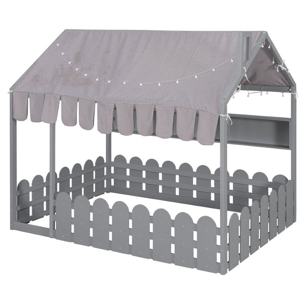 English Elm {slats Are Not Included} Twin Montessori House Floor Bed Kids Tent Lights Shelves Pinewood Frame Gray N708P407963E
