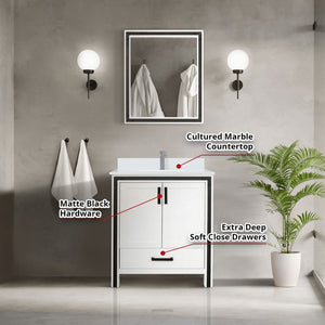 English Elm White Bath Vanity 30" W x 22" D with Cultured Marble Top, Chrome Faucet & 28" Mirror, Scratch‑Resistant B2731S01354
