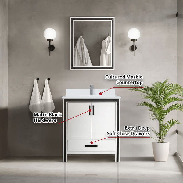 English Elm White Bath Vanity 30" W x 22" D with Cultured Marble Top, Chrome Faucet & 28" Mirror, Scratch‑Resistant B2731S01354