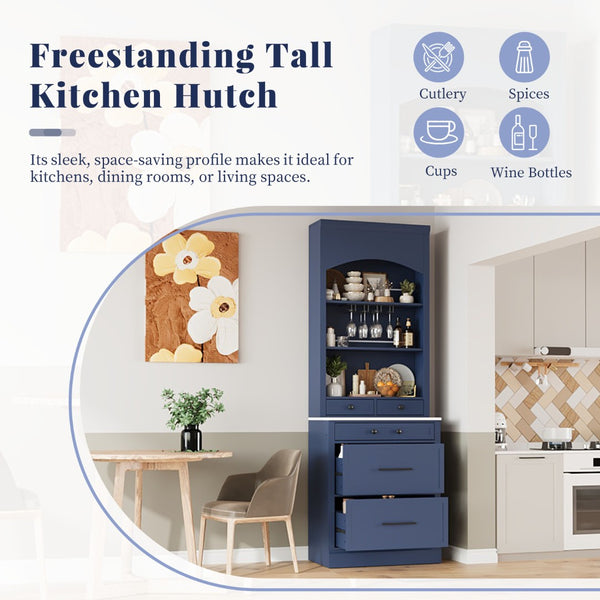 English Elm Modern Tall Kitchen Pantry Set of Two with Faux Marble Top and Glass Holders Blue SP000175AAC