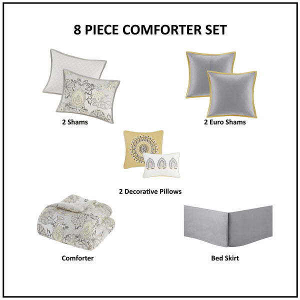 English Elm 8 Piece Reversible Cotton Comforter Set - Floral & Medallion Print, Cal King, Oeko-Tex Certified B03597285