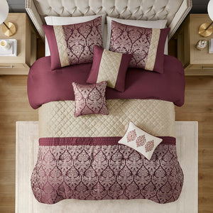 JLA Home Madison Park - 6 Jacquard Comforter Set Luxury Damask Embroidered Mink Accents Hypoallergenic Durable Easy Care Plum MP10-8408