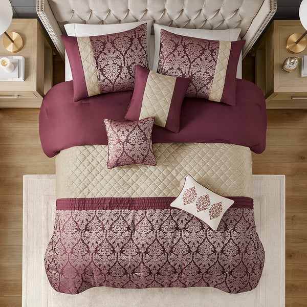 JLA Home Madison Park - 6 Jacquard Comforter Set Luxury Damask Embroidered Mink Accents Hypoallergenic Durable Easy Care Plum MP10-8408