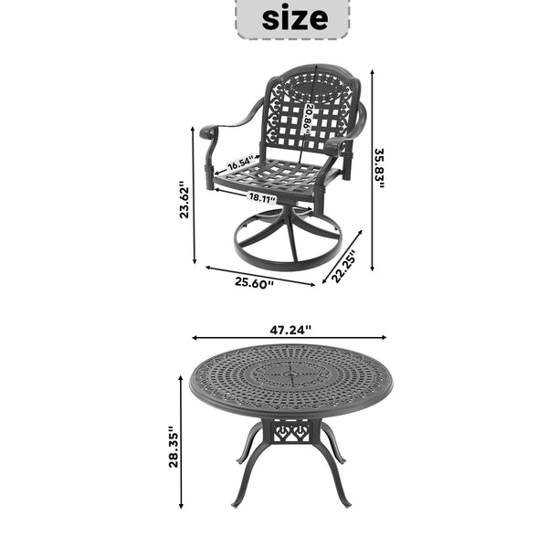 English Elm 5-Piece All-Weather Cast Aluminum Dining Set With 4 Swivel Chairs & Umbrella-Ready Round Table W1710S00448