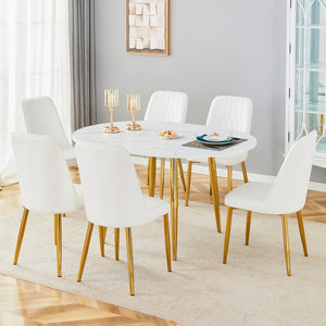 English Elm Table Set Extendable Round Oval Mdf White Gold Legs Six Pu Chairs Modern Dining W1151S03955