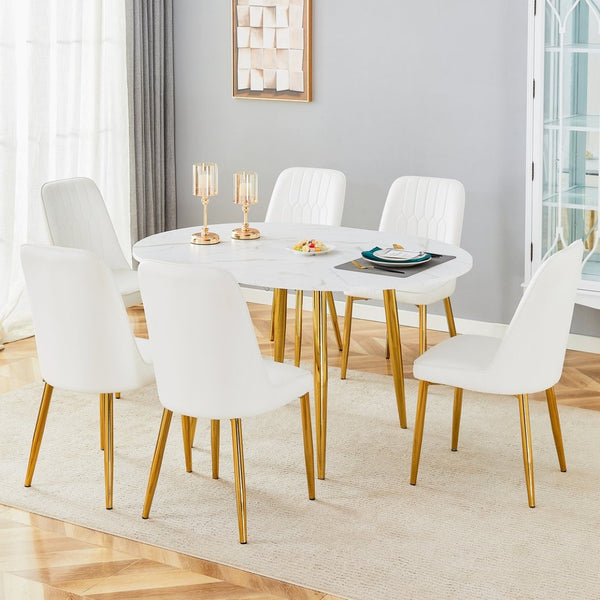 English Elm Table Set Extendable Round Oval Mdf White Gold Legs Six Pu Chairs Modern Dining W1151S03955