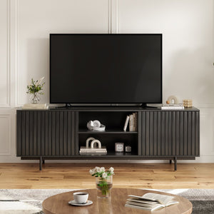 English Elm Modern Low Profile Media Console with Open Shelving and Concealed Cabinet Storage Black T3623P434816