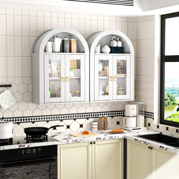English Elm Wall Mounted Arched Cabinet Tempered Glass Doors Led Lighting Adjustable Shelves Bathroom White T3210P471554