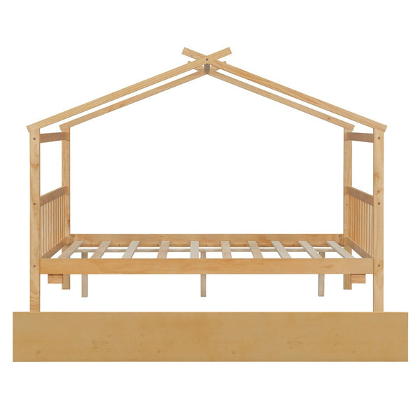 English Elm Full Size House Bed Solid Pinewood Frame with Pull Out Twin Trundle for Kids Natural LP000305AAM-1