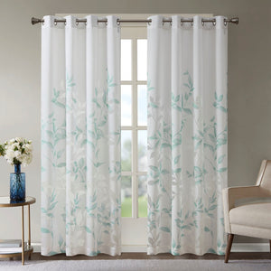 English Elm Burnout Botanical Curtain Panel Set - 2 Light Filtering Window Panels With Silver Grommets B035129676