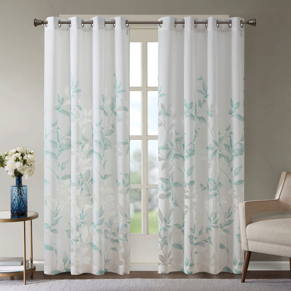 English Elm Burnout Botanical Curtain Panel Set - 2 Light Filtering Window Panels With Silver Grommets B035129676