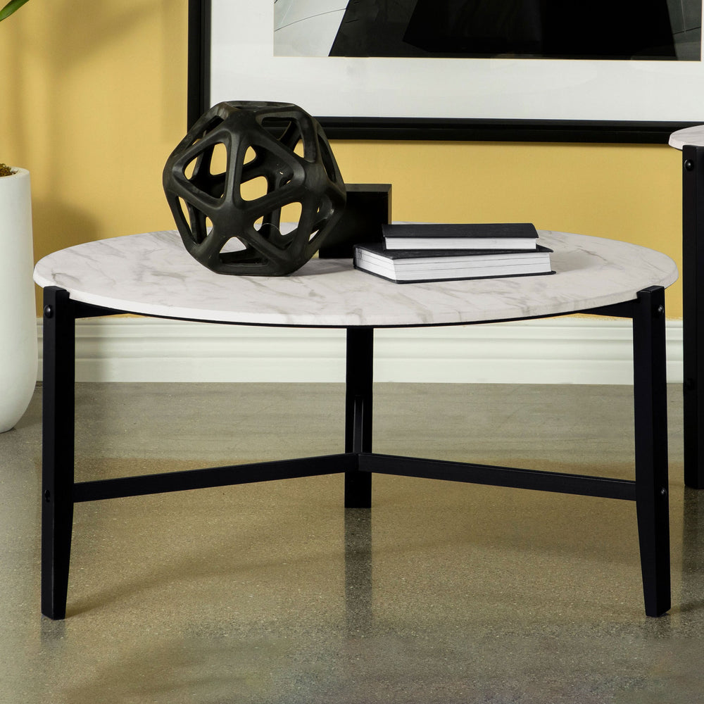 English Elm Tandi Round White Faux Marble Coffee Table with Sleek Metal Legs, Modern Elegant Low-Profile Design B062P344950