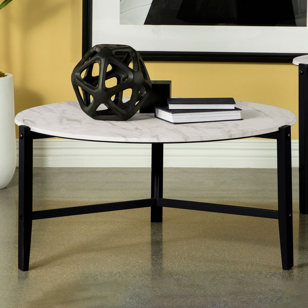 English Elm Tandi Round White Faux Marble Coffee Table with Sleek Metal Legs, Modern Elegant Low-Profile Design B062P344950