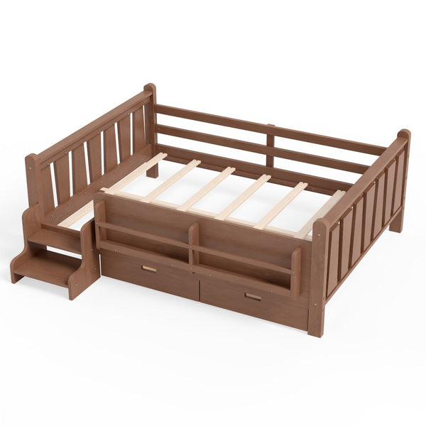 English Elm Twin Kids Platform Bed with Trundle Staircase Bookshelf and Rounded Safety Rails Natural W1580S00540