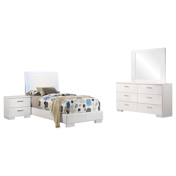English Elm Dulcey White High Gloss 4-Piece Twin Bedroom Set With Led Lighting, Storage & Faux Leather Comfort B062S01336