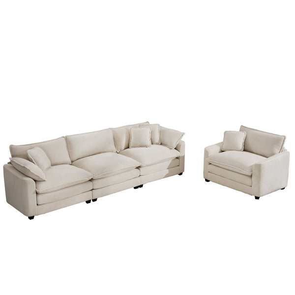 English Elm Mid-Century Modern 2-Piece Sofa Set: Stylish 3-Seater And Accent Chair In Soft Light Beige Corduroy W714S00776