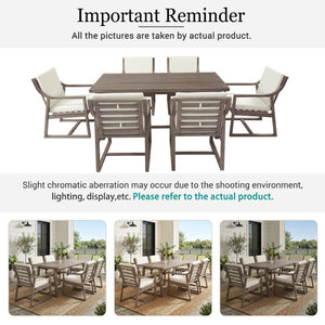 English Elm Outdoor Acacia Wood Dining Set Seats Six with Cushioned Armrest Chairs for Patio Beige+Brown N719Z000231D