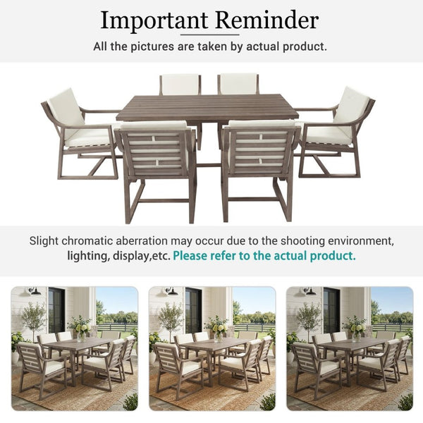 English Elm Outdoor Acacia Wood Dining Set Seats Six with Cushioned Armrest Chairs for Patio Beige+Brown N719Z000231D
